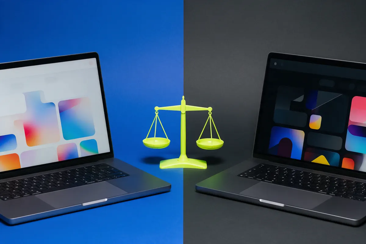 שני מסכים זה לצד זה עם ממשקי ניהול אתרים שונים על רקע כחול חשמלי עם נגיעות ירוק ליים
