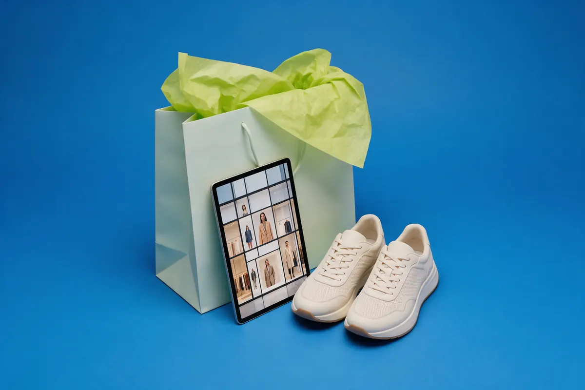 צילום סטודיו של טאבלט עם חנות Shopify בעברית לצד מוצר ארוז ומדבקת מחיר על רקע פחם כהה עם תאורת ליים